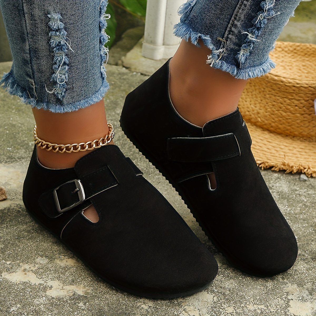 womens solid color flat shoes round toe low top non slip ankle buckle design shoes casual comfy daily shoes details 5