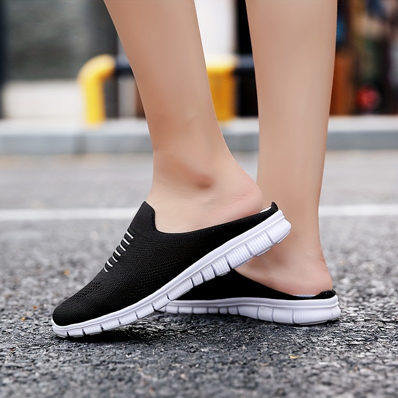 womens knit flat mules comfy solid color closed toe non slip slides shoes casual outdoor slippers details 0