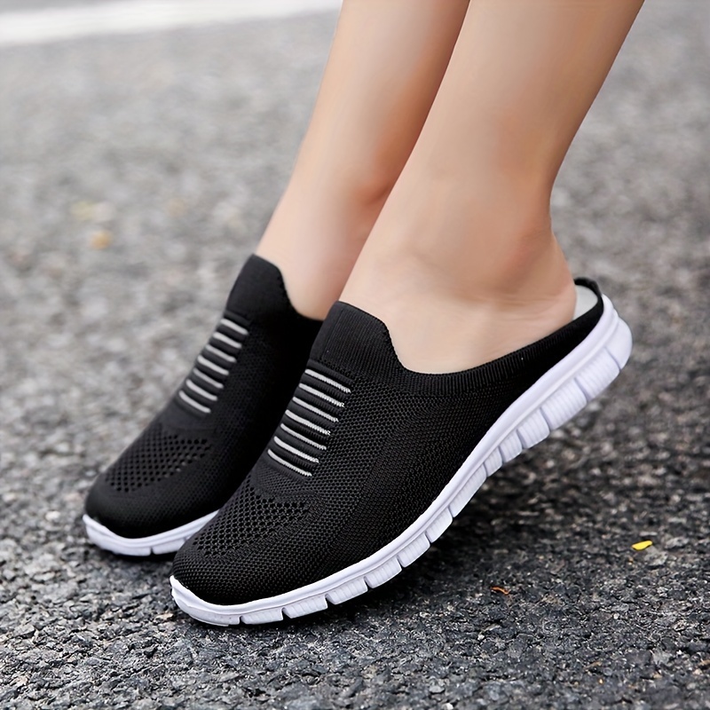 womens knit flat mules comfy solid color closed toe non slip slides shoes casual outdoor slippers details 1