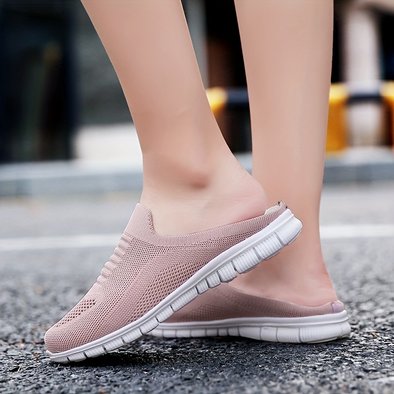 womens knit flat mules comfy solid color closed toe non slip slides shoes casual outdoor slippers details 6