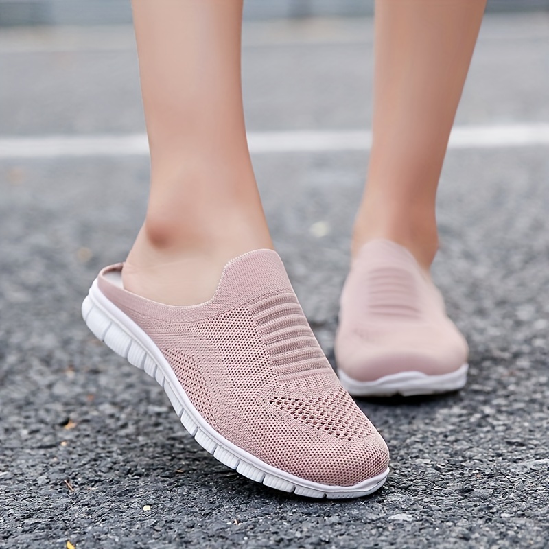 womens knit flat mules comfy solid color closed toe non slip slides shoes casual outdoor slippers details 7